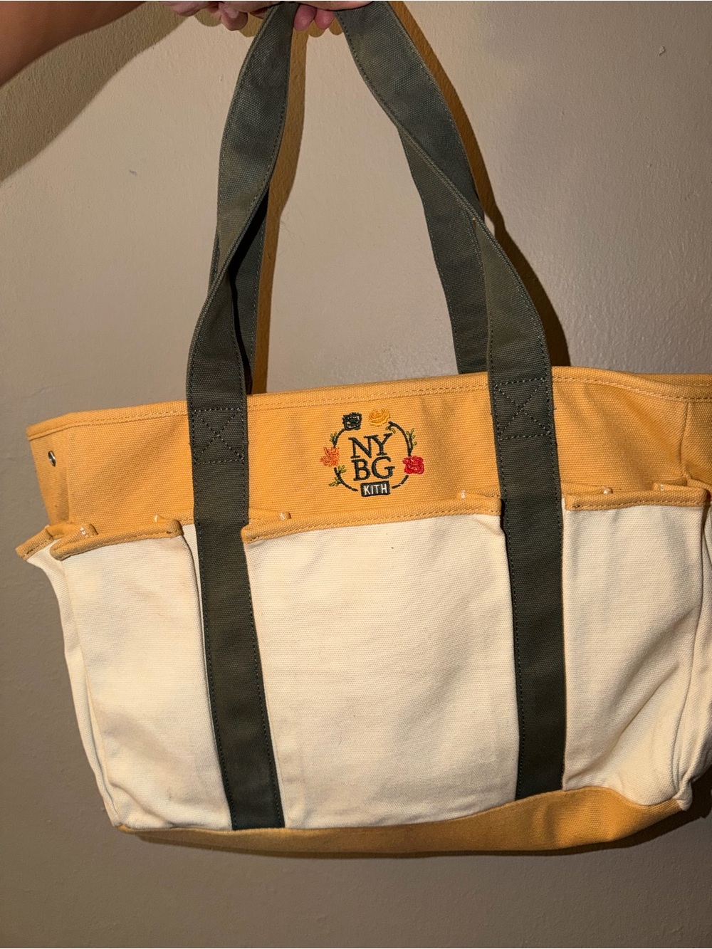 Kith Canvas Tote in Mustard, Olive, and Cream